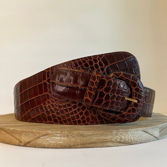 Vintage 90s Brown Genuine Leather Snake Skin Wide Wrap USA Made Size Large - Picture 1 of 12